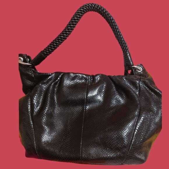 Brighton Black Snake Embossed Leather Shoulder Bag W/ Braided Strap & Satin Lini - Picture 3 of 16